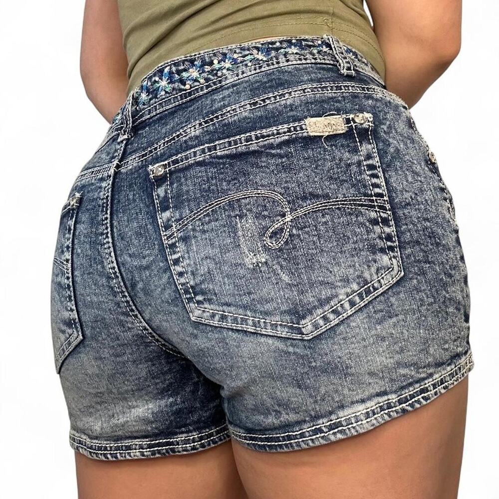 Vintage Justice Blue Denim Mini shorts with Floral Embroidery Size 16 Waist 30”
